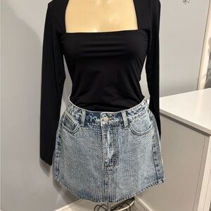 Denim Mini Skirt with Clear Crystals on Front